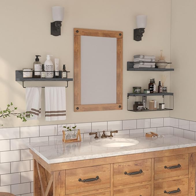 PopiShelves Bathroom Shelves Over Toilet for Wall, Floating Shelves with Storage Basket Paper Holer for Kitchen Living Room, Bedroom & Classroom, Set of 3 (Grey)