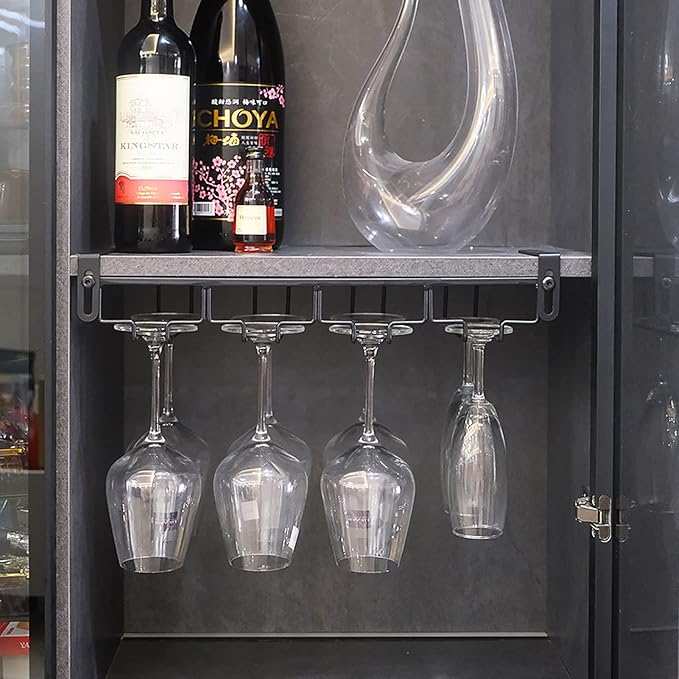 Adjustable Under Cabinet Stemware Holder - Metal Wine Glass Hanger Organizer for Kitchen, Bar, Shelf - Rustproof Hanging Storage Rack for 6-8 Glasses - Space Saving Decor (Black, 4 Rows)