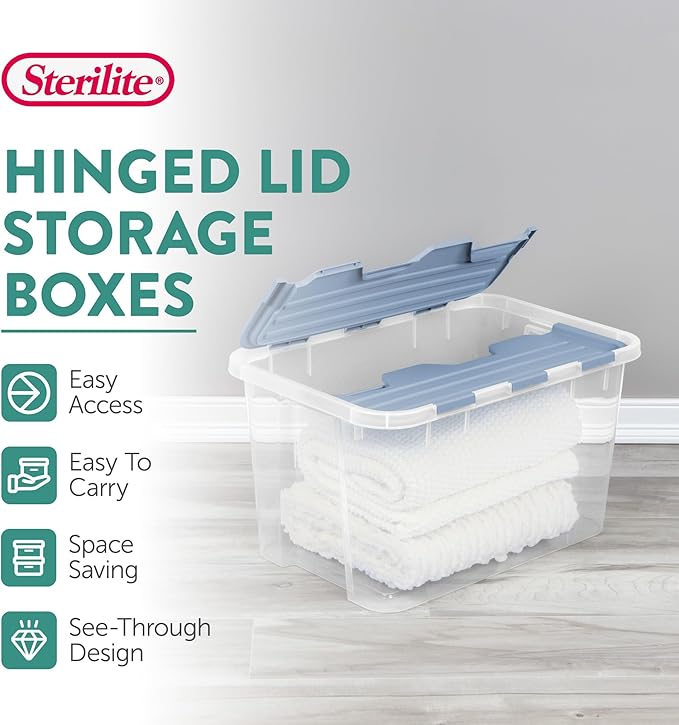 Sterilite 24 Pack Hinged Lid Storage Box, 60 Qt Plastic Container, Washed Blue - Home Organizer Tote for Storing Shoes, Crafts, Clothing, or Decor