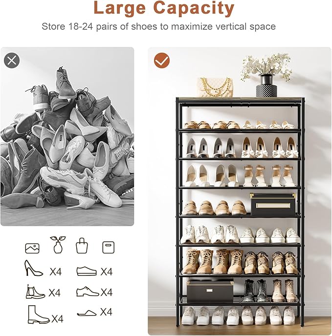 8-Tier Tall Shoe Rack Organizer Shoe Storage for Entryway 24-32 Pairs Metal Shoe Rack for Closet Heavy-Duty Shoe Rack with Wooden Top Shelf for Garage Gray