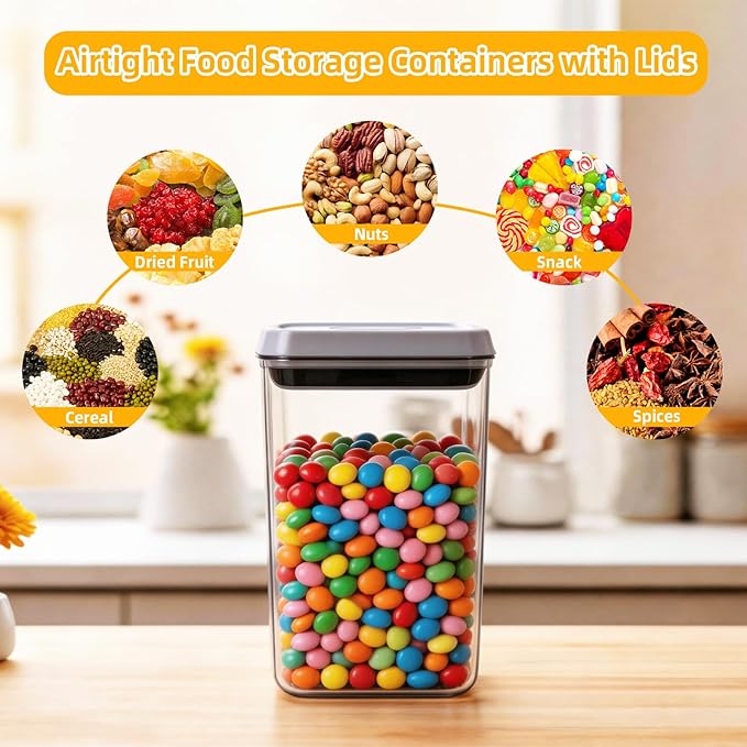 6 Pcs POP Container Set, Airtight Food Storage with Lids, Push Button Seal BPA-Free Set for Pantry, 0.65QT/0.7QT/1.8QT/2.4QT for Bulk Dry Food, Cereal, Flour, Sugar, RV Kitchen Storage