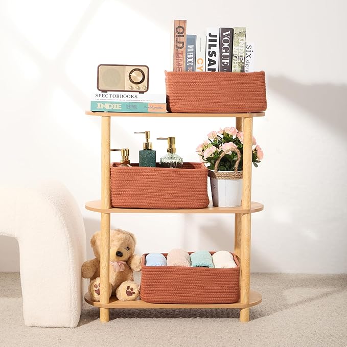 MiniArk Small Storage Baskets for Organizing | Closet Organizer Bins | Shelf Toy Basket | Woven Rope Baskets | Cube Decorative Box | Shallow Basket | 13x8.5x5.1” | 4 Packs Oxide Red