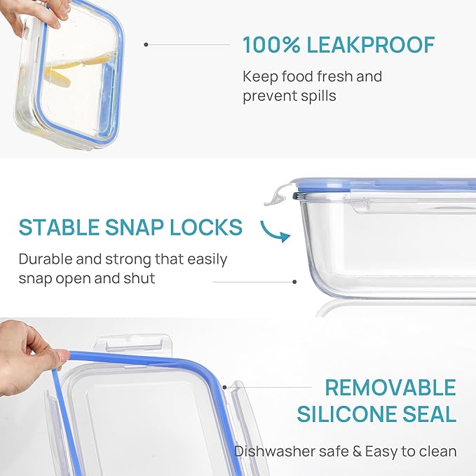 Vtopmart 2Pack 1860ml/63oz Large Glass Storage Containers with Lids, Meal Prep Food Container Set with Snap Airtight Lid for Baking, Microwave, Oven, Leak Proof, for Freezer, Dishwasher, Blue
