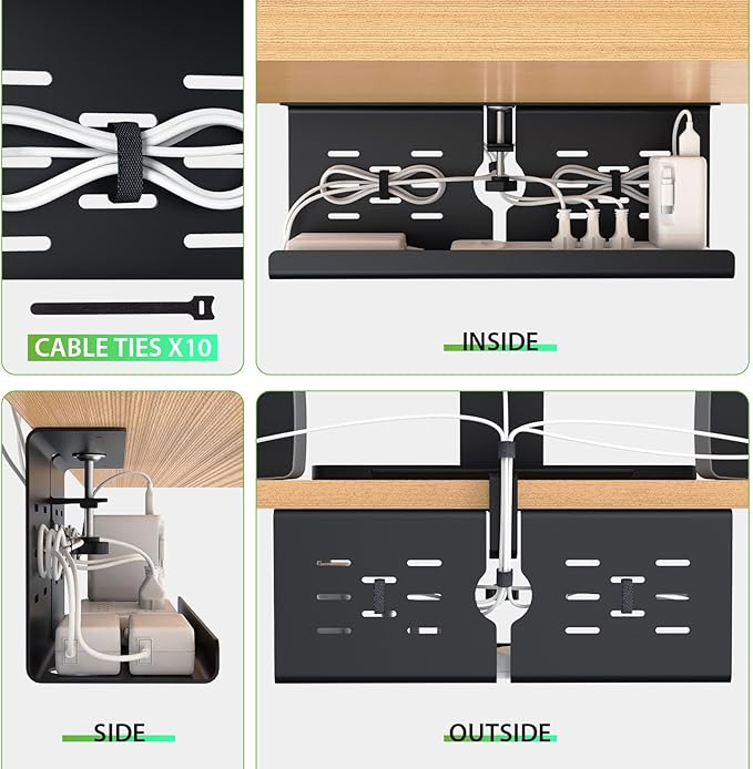 KEEGH 16" Under Desk Cable Management Tray, No Drill Clamp Mount, Desk Cord Organizer Upgrade Capacity, Cord Management Tray for Home Office, Gaming Desk, Standing Desk, Black, 2 Pack