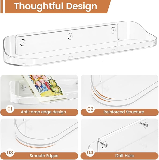 SpaceWhisper Floating Shelves for Wall, 12-Pack 15" Wall Shelves for Bathroom, Bedroom, Living Room, Display Hanging Shelf Organizer for Book, Picture Ledge, Figure Storage, Room Decor (Clear)