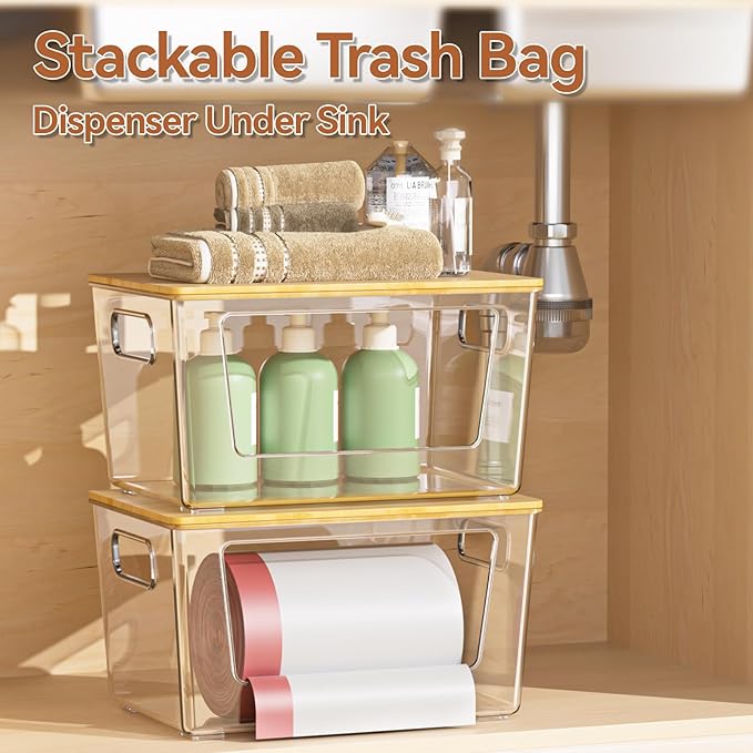 4 Pack Trash Bag Holder with Bamboo Lid, Stackable Trashbag Dispenser