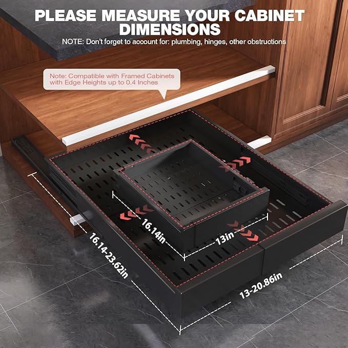 Seinloes Pull Out Cabinet Organizer,4-Side Expandable to Maximize Cabinet Space,Slide Out Drawers with 3 Rail Design,Roll Out Shelf with Raising Pad for Framed Cabinet,13"-21"W x 17"-24"D,Black,4 Pack
