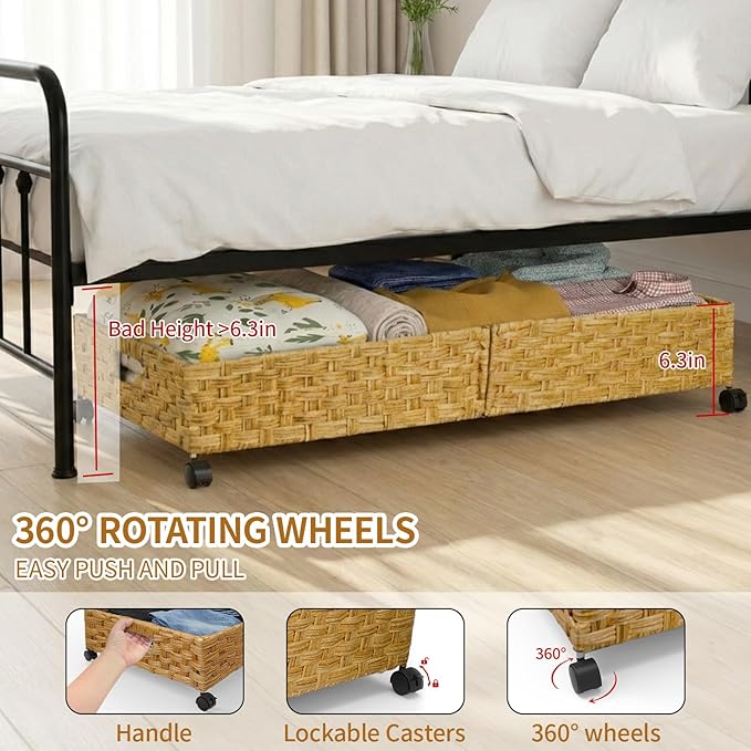 Under Bed Storage with Wheels, 31.5In/40L Large Rolling Underbed Storage Organizer Drawers Bins, Rattan Under the Bed Storage Containers with Handles, Space Saving Design for Clothes,Shoes,Books