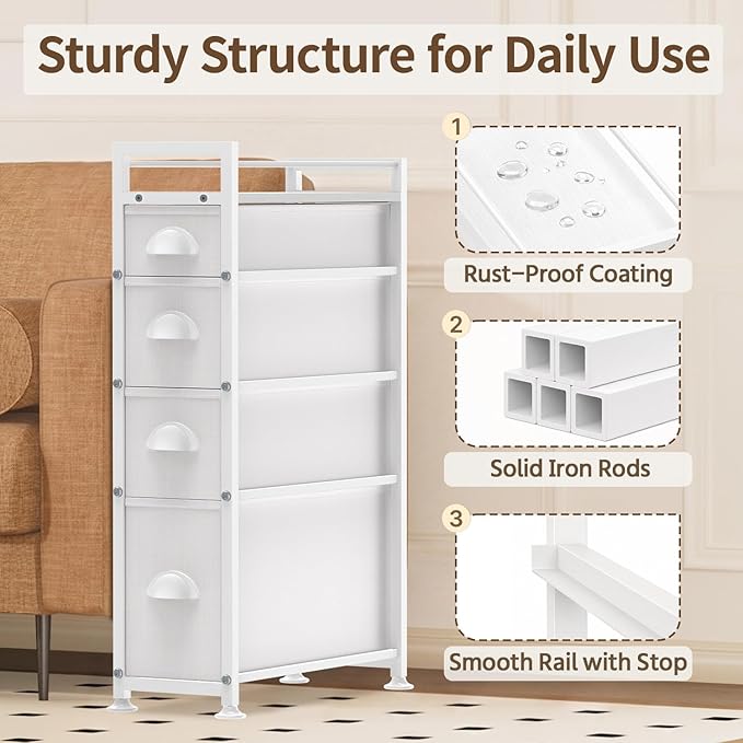4 Drawer Narrow Slim Cabinet Skinny Storage Tower Chest, White