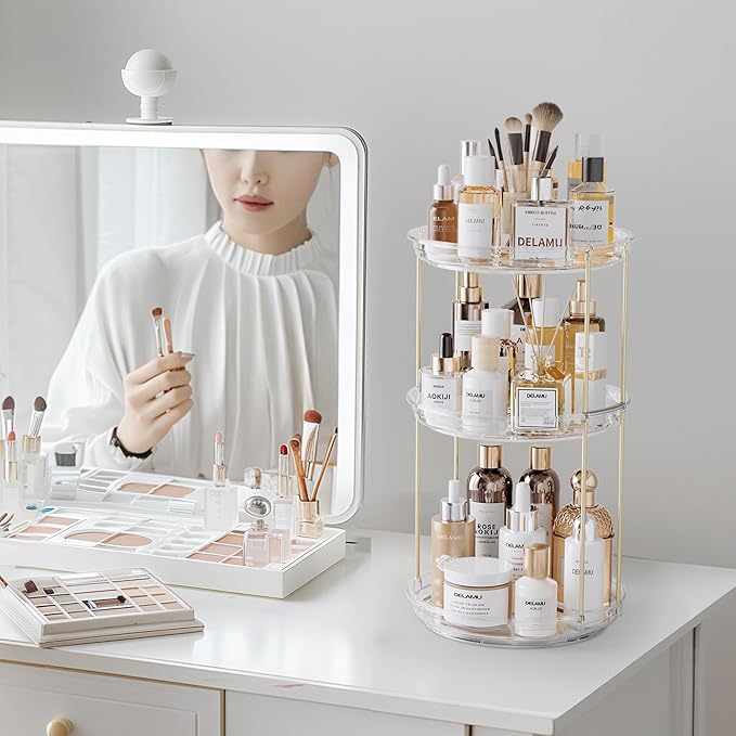 Delamu 3 Tier Rotating Makeup Organizer for Vanity, Skincare Organizer for Bathroom Counter, Spinning Perfume Organizer Cosmetic Holder with Large Capacity, Clear