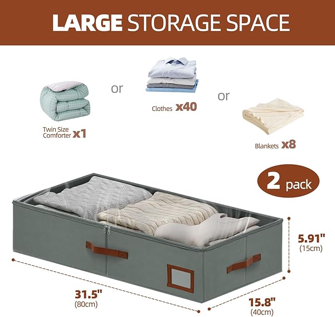 6 Inch Under Bed Storage Containers, 2 Pack Large Underbed Storage Bins w/Clear Lid & Sturdy Sidewall, Foldable Closet Organizer for Dorms, Bedroom, Clothes, Shoes, Bed Sheets, Blankets (Grey)