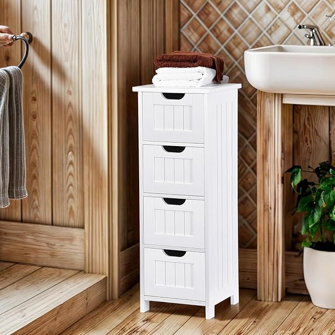 Bathroom Floor Storage Cabinet, Freestanding Wooden Side Organizer w/4 Drawers & Anti-Tip Kit for Bathroom Living Room Hallway Office Study, White | Freestanding