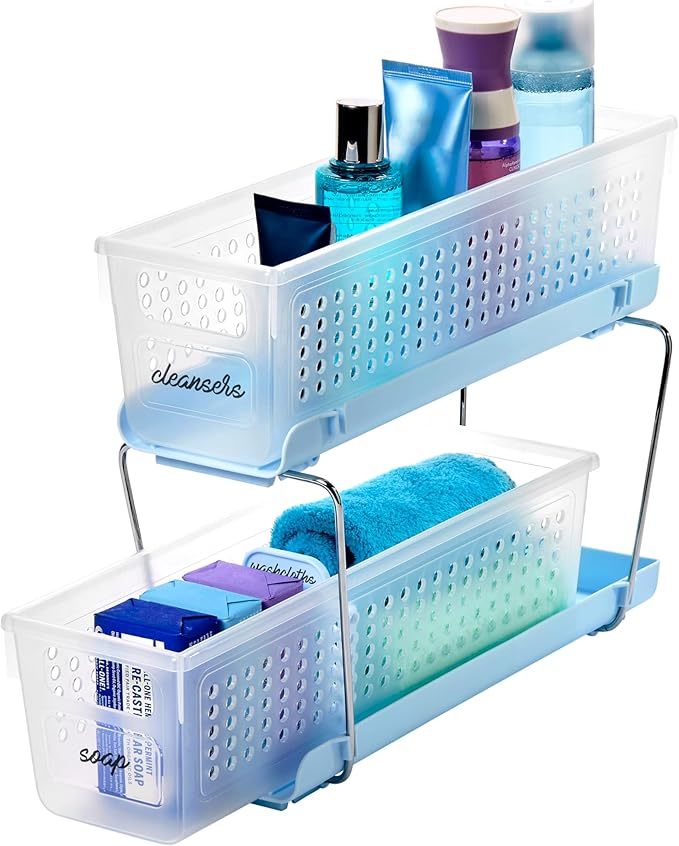 madesmart 2 Tier Bath Organizer, Under Cabinet Storage with Sliding Drawers, for Cleaning Supplies, Pantry, Sponges, Bottles & Kitchen Essentials, Adjustable Dividers & Pull Out Sliding Baskets, Blue