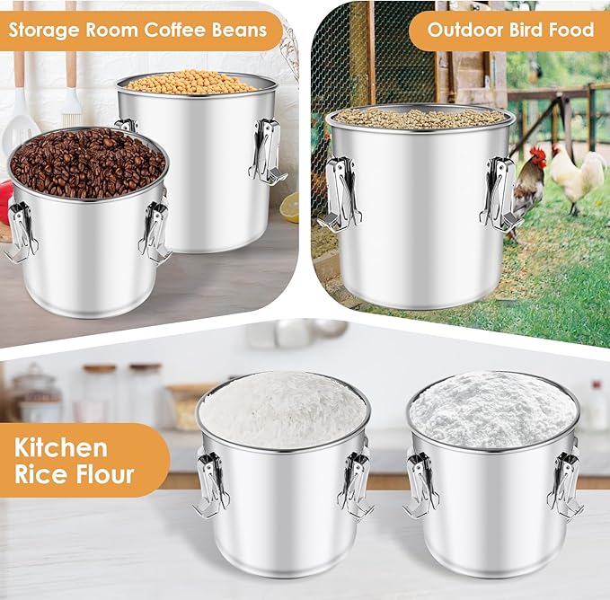 304 Stainless Steel Food Containers with Lids,12L/20LBS Airtight Food Storage Containers with Lock Clips for Flour Rice Sugar Coffee Bean,Stainless Steel Food Storage Containers for Kitchen