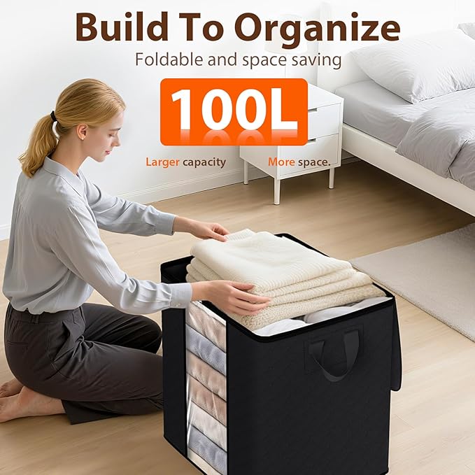 4 Pack 100L Clothes Storage, Foldable Thick Fabric Blanket Storage Bags, Black