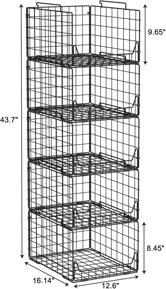Jakyitvi 5-Tier Stackable Closet Organizer Shelf – Foldable Metal Storage Bins for Clothes, Sweaters & Towels | Stylish Black Wire Baskets for Bedroom, Wardrobe, Dorm or Entryway