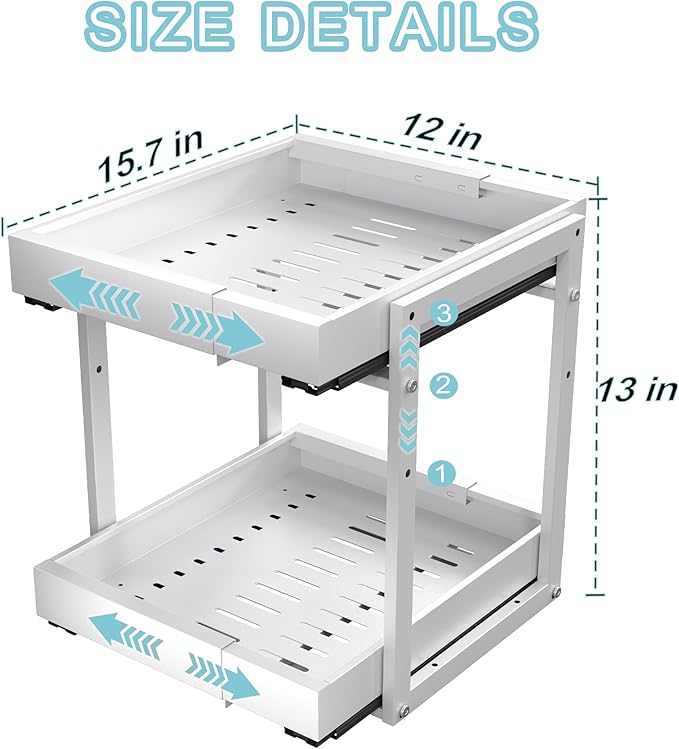 Golener 2-Tier Expandable Pull Out Cabinet Organizer - Slide Out Drawers for Kitchen Cabinets, Bathroom Organizers and Storage, Under Sink Organizer for Kitchen Storage Organization, White Metal Frame