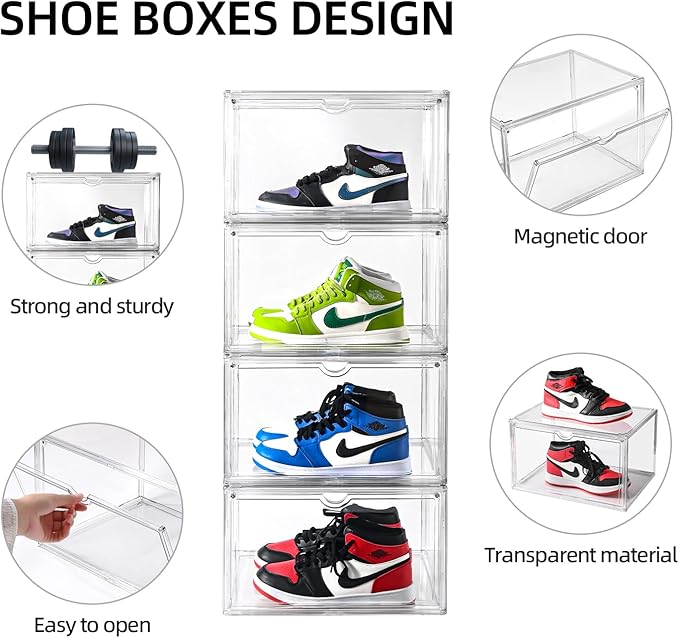 Clear Shoe Organizer,Stackable Shoe Display Case,Shoe Box Storage Bins with Magnetic Door,Fit Shoe Size Up to US 14 (X-Large-2Pack)