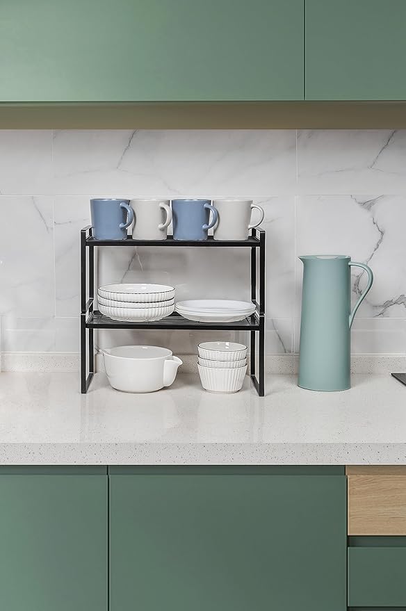 Shantton 2Pack Kitchen Cabinet Shelf Counter Organizer Rack Pantry Storage Bathroom Bedroom Office Table Desk Space Saving Stackable Rust Resistant Non Slip Black Wide L16.1in W10.6in H7.3in
