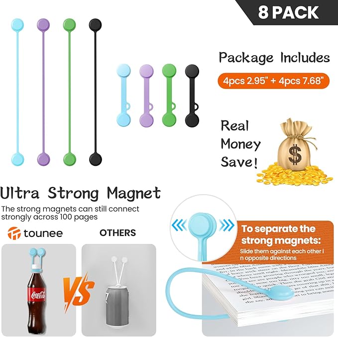Tounee Reusable Silicone Magnetic Cable Ties - 2 Sizes Combo (4pcs 2.95'' + 4pcs 7.68'') - Multi-Purpose for Cable Bundling, Organizing, Bookmarks & Fridge Magnets - Assorted Colors, 8-Pack