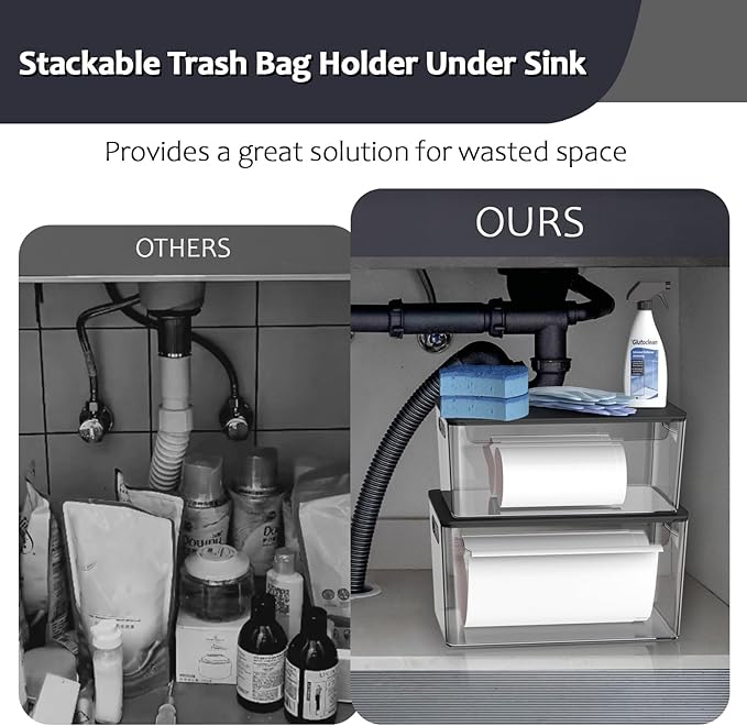 COAZEX 2 Pack Trash Bag Holder Under Sink Stackable, Plastic Garbage Bag Dispenser with Lid, Trash Bag Storage Dispenser Roll Holder for Kitchen, Pantry, Laundry Room Organization (Black Lid)