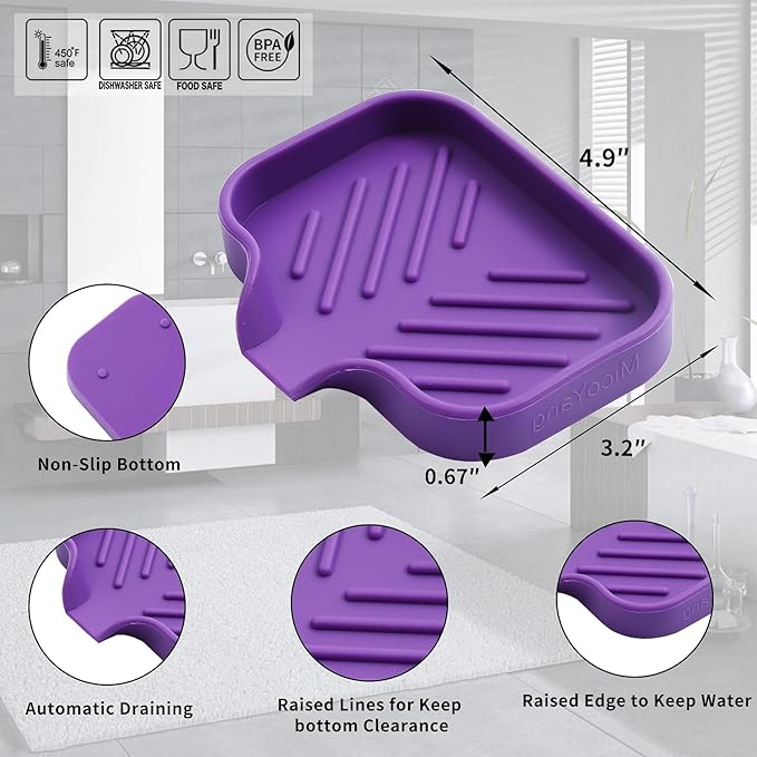 MicoYang Silicone Soap Dish with Drain Spout — Self-Draining Sink Organizer Tray for Bathroom & Kitchen, Holds Bar Soap, Sponges & Dispensers, Non-Slip & Dishwasher Safe, Purple (Small, 4.9"×3.2")