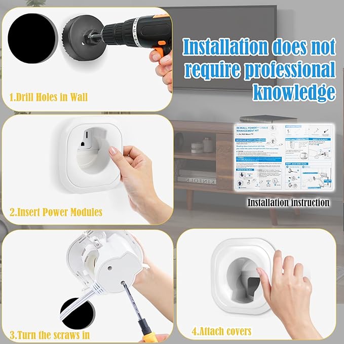 in Wall Cable Management Kit for Wall Mounted TV, Professional TV Cord Hider & Wire Concealer with Power Outlet & Pass Through, Included DIY Hole Saw, Hide Cables Behind Wall, White
