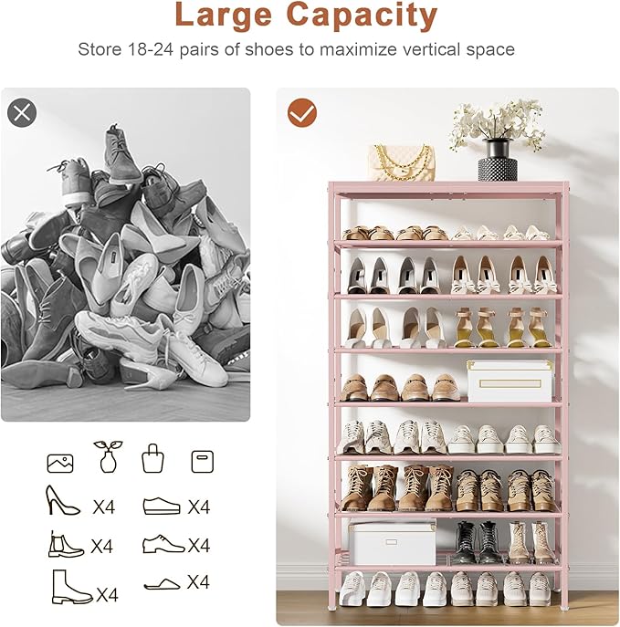 8-Tier Tall Shoe Rack Organizer Shoe Storage for Entryway 24-32 Pairs Metal Shoe Rack for Closet Heavy-Duty Shoe Rack with Wooden Top Shelf for Garage Pink