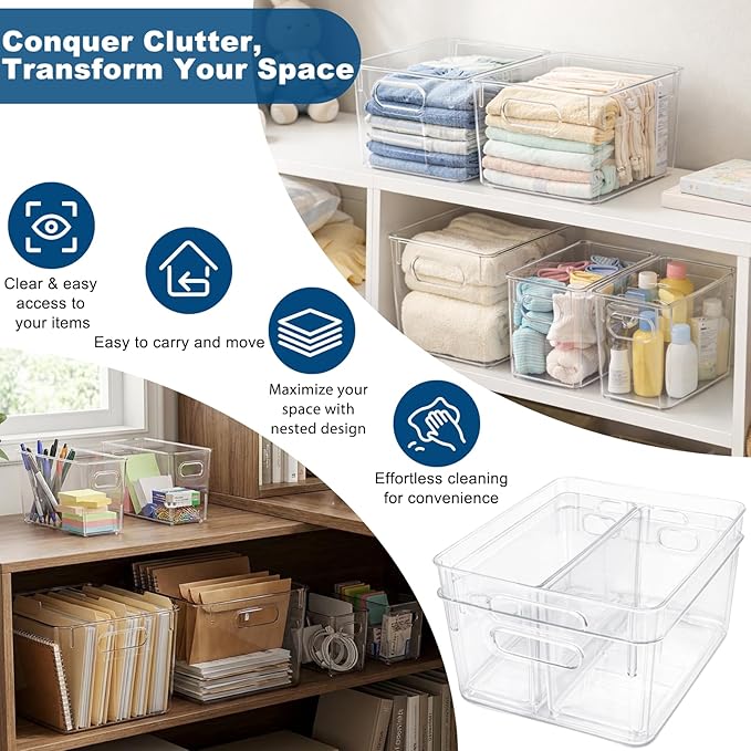 MOONEDGE Set of 4 Clear Plastic Organizer Bins, 2 Large & 2 Small Storage Bins for Pantry, Nestable Space-Saving Containers for Cabinets, Under-Sink, Bathroom, Kitchen & Freezer Organization