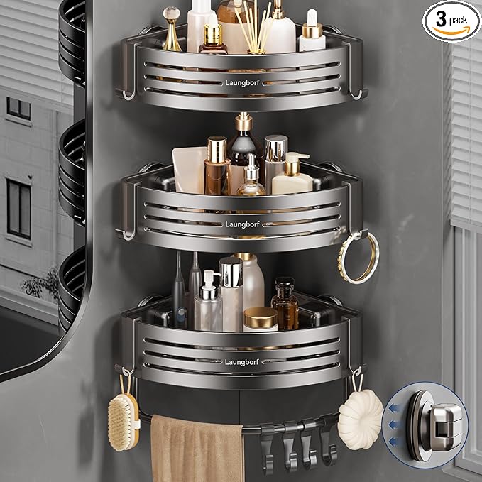 Corner Shower Caddy Suction Cup – Rustproof Aluminum Triangle Shelf with Hooks & Towel Bar, Laungborf No-Drill Wall Storage for Bathroom Kitchen Laundry (Matte Gray, 3 Pack)