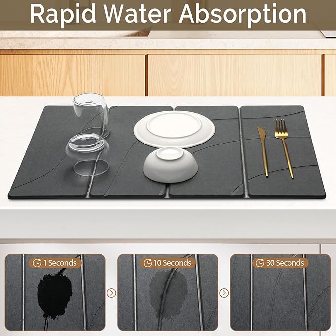 Large Stone Dish Drying Mat for Kitchen Counter, Carved Gray 24"x16"&8"x4"