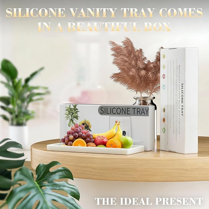 BBK Bathroom Vanity Tray- 2 Pack (7.8" and 11.8") Silicone Bathroom Tray for Counter, Perfume Key Trinket Ring Tray, Decor Soap Dispenser Countertop Tray for Kitchen Sink Organization (White)