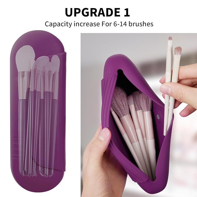 AGIKET Silicone Makeup Brush Holder Travel Cosmetic Bag：Soft Portable Cosmetic Face Brushes Holder with Upgrade Anti-Fall Out Magnetic Closure, Large Travel Makeup Brush Case - Dark Pruple