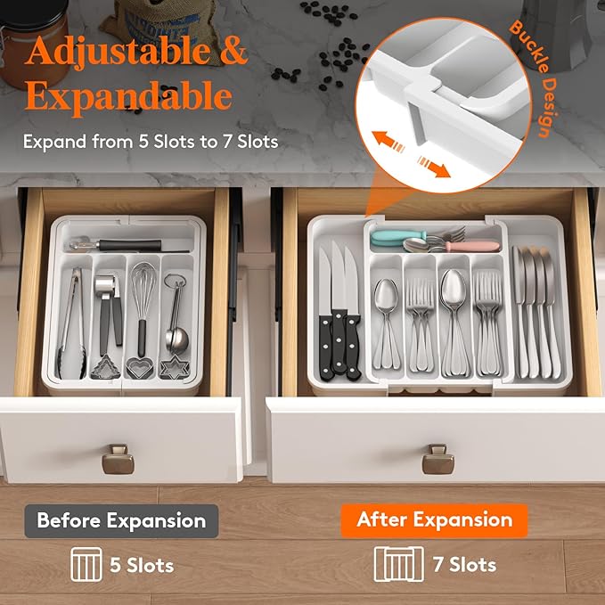 Lifewit Silverware Drawer Organizer, Expandable Utensil Tray for Kitchen, BPA Free Flatware and Cutlery Holder, Adjustable Plastic Storage for Spoons Forks Knives, 8.9-14.7 x 12.2", White