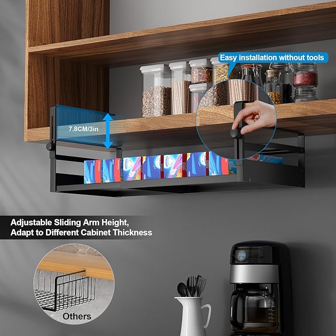AmonHouseware 2Pack Under Shelf Basket Organizer, Adjustable Under Cabinet Shelf Storage, Hanging Holder Length Stretchable 13-21Inch for Kitchen Pantry Desk Counter Bookshelf Cupboard (Black)