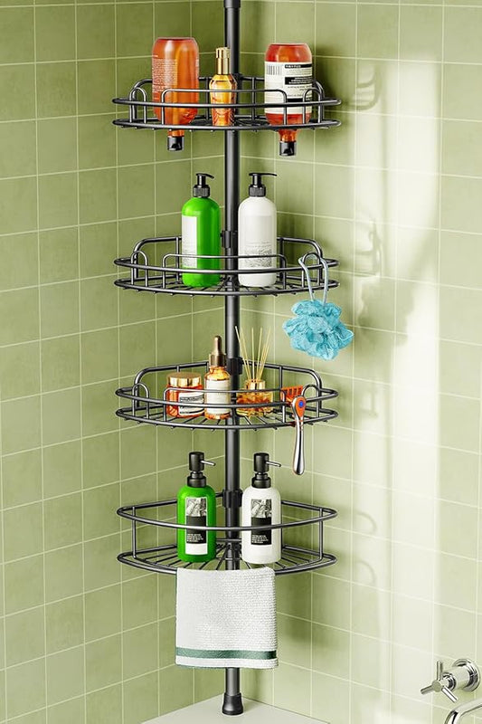 HAMITOR Corner Shower Caddy Tension Pole: 4-Tier Rust-Resistant Adjustable Bathroom Organizer Shelves - 47-121 Inch No-Drill Quick Installation - Space-Saving Storage for Renters Families - Black