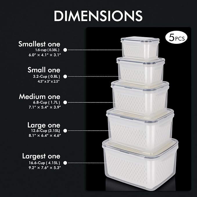 5-Pack Large Fruit Storage Container for Fridge Leak proof with Removable