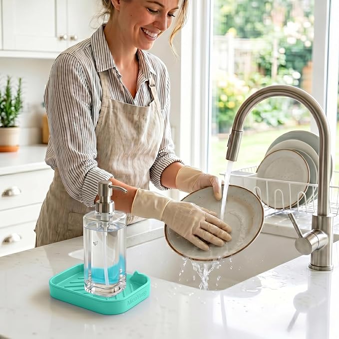 MicoYang Silicone Soap Dish with Drain Spout — Self-Draining Sink Organizer Tray for Bathroom & Kitchen, Holds Bar Soap, Sponges & Dispensers, Non-Slip & Dishwasher Safe, Mint (Small, 4.9"×3.2")