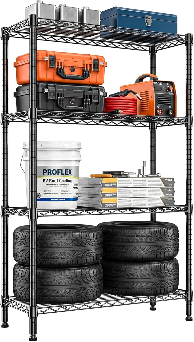 IZEUK 4-Tier Heavy Duty Steel Storage Shelving Unit, Metal Wire Rack for Kitchen, Pantry, Cloakroom, or Office Organization, 1000 lbs Capacity, Black, 13.8" D x 35.4" W x 59.5" H