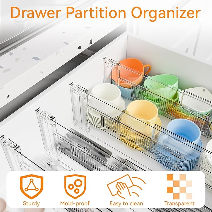 12 Pack Clear Acrylic Drawer Divider 6 Inch High, Expandable from 14-20''