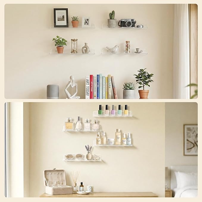 Lifewit Floating Shelves for Wall, Acrylic Display Shelf Wall Mounted for Figure, Car, Art, Book, 14" Perfume Organizer for Bathroom, Bedroom, Living Room, Nursery, Home Decor, Clear, 8 Pack