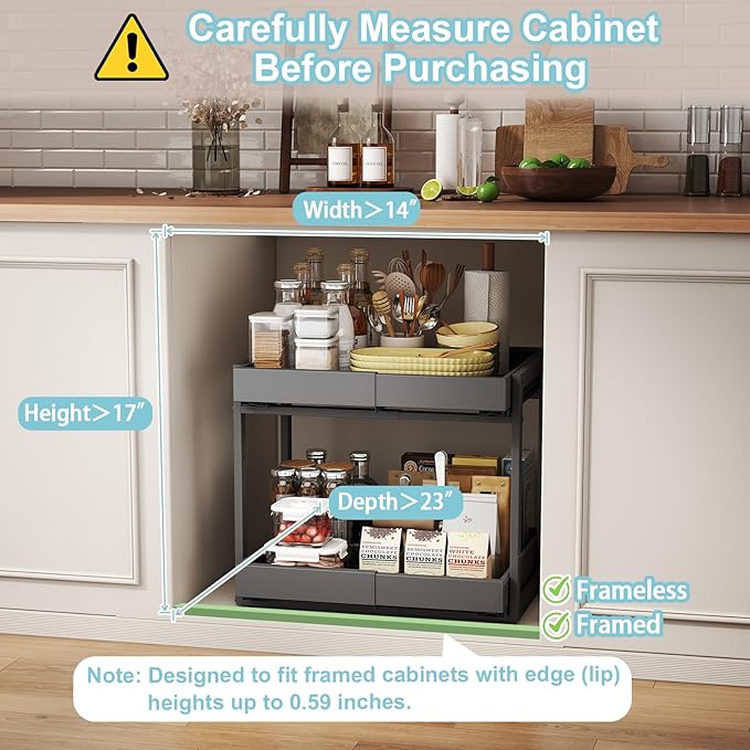 Golener 2-Tier Expandable Pull Out Cabinet Organizer - 21" Deep Pull-Out Drawers for Kitchen Cabinets, 2 Slide Home Storage Organizers, Slide Out Shelves for Base Cabinet Organization in Kitchen,Black