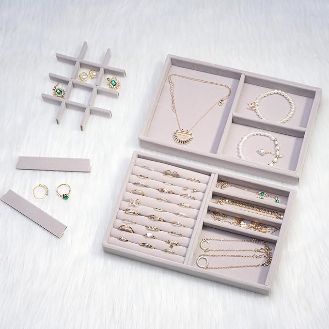 ProCase Stackable Jewelry Organizer Trays for Drawers, Jewelry Drawer Inserts Container Display Case Storage for Earring Necklace Rings Bracelet with Removable Dividers -Grey, 2 Layers