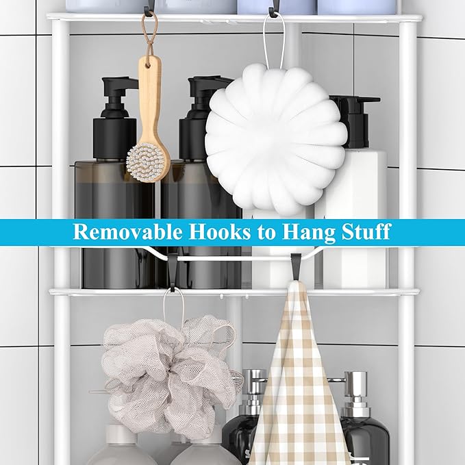 3 Tier Floor Standing Corner Shower Caddy Organizer Shelf with Hooks, White