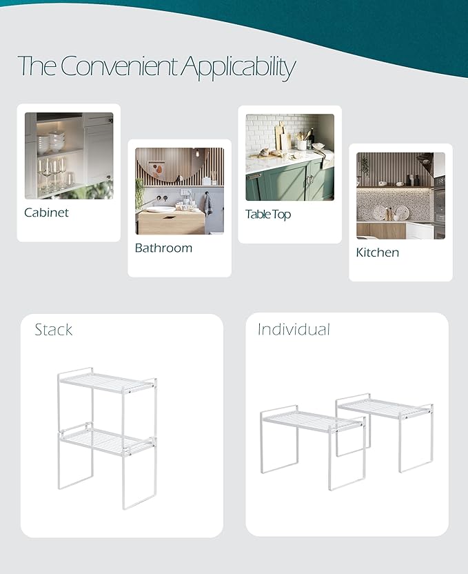 Shantton 2pk Kitchen Cabinet Shelf Counter Organizer Rack Pantry Storage Bathroom Bedroom Office Table Desk Space Saving Steel Frame Stackable Rust Resistant Non Slip White-Tall- L13in W8.3in H9.5in