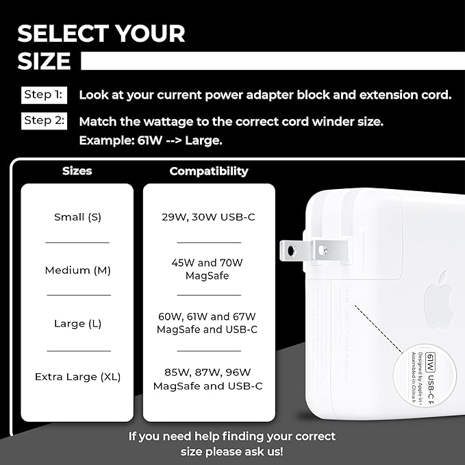 HumanCentric Cord Winder for MacBook Charger Organizer, Cable Reel for MacBook Chargers, Travel Charging Case for 60W, 61W, 67W USB-C and MagSafe, Apple MacBook Pro and Air Cord Storage, Large