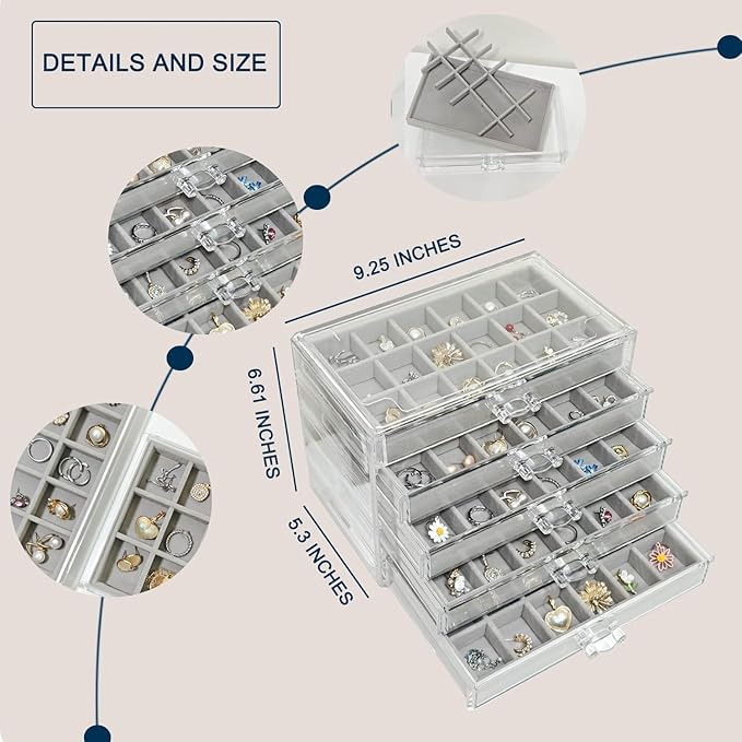 Acrylic Earring Holder Organizer with 5 Drawers Clear Earring Organizer Box with 90 Adjustable Grids Velvet Earring Display Case Jewelry Organizer for Earrings Rings Studs (Grey)