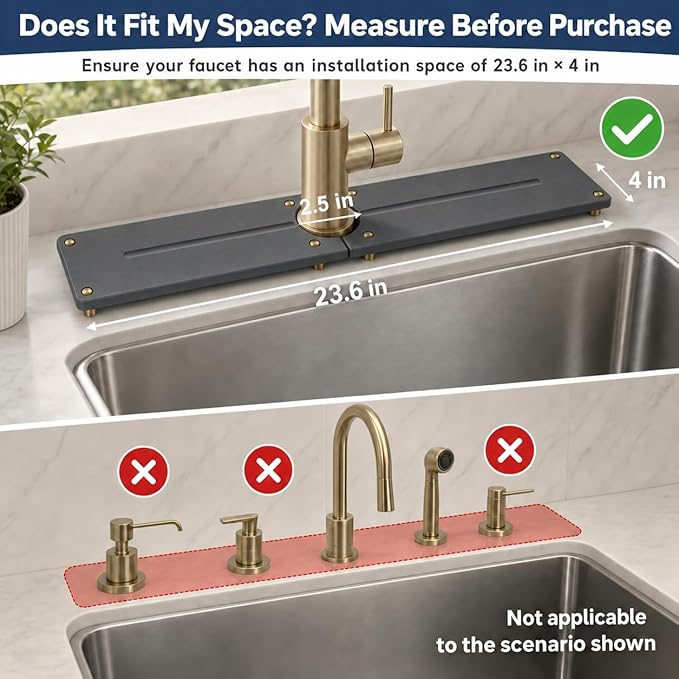 Stone Faucet Mat for Kitchen Sink, Water Absorbing Sink Tray Organizer for Bathroom Counter, Diatomite Soap Dish Coaster Caddy Riser, Sponge Holder Dispenser Mat, Gold Dark Gray, 23.6" x 4"