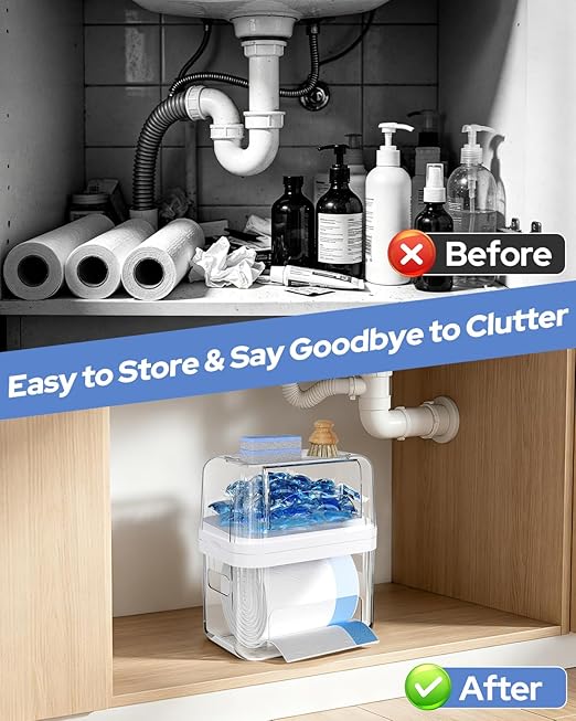 Trash Bag Dispenser & Dishwasher Pods Container, 3 in 1 Clear Acrylic Garbage Bags Holder Under Sink Organizer Laundry Pods Dishwasher Tabs Storage Box for Laundry Room and Kitchen Cabinet