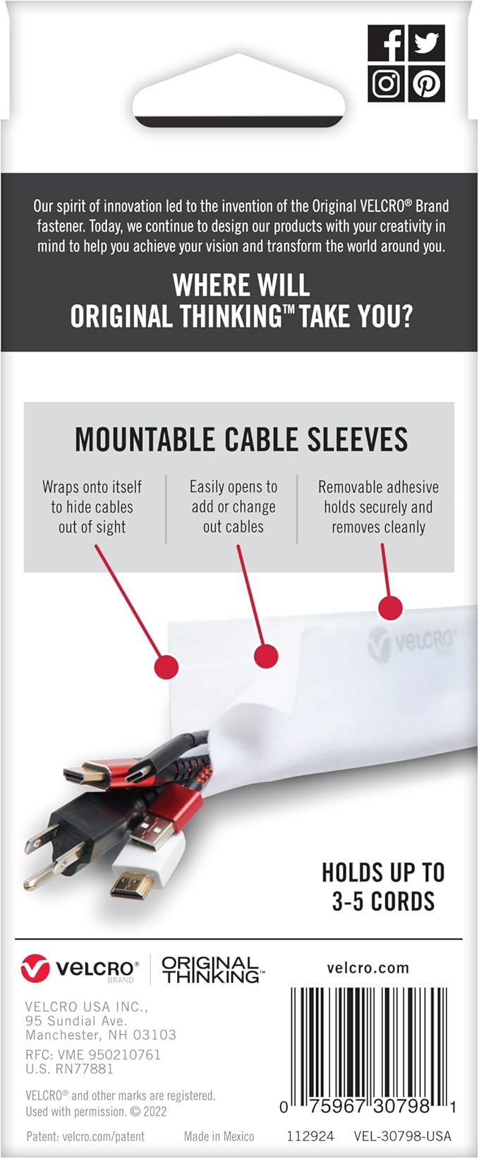 VELCRO Brand Cable Sleeves. Organize Messy Wires on Desk, Behind TV or Game Console. 16-Inch (2x8in) White. Removable Adhesive Mounts to Smooth Surfaces